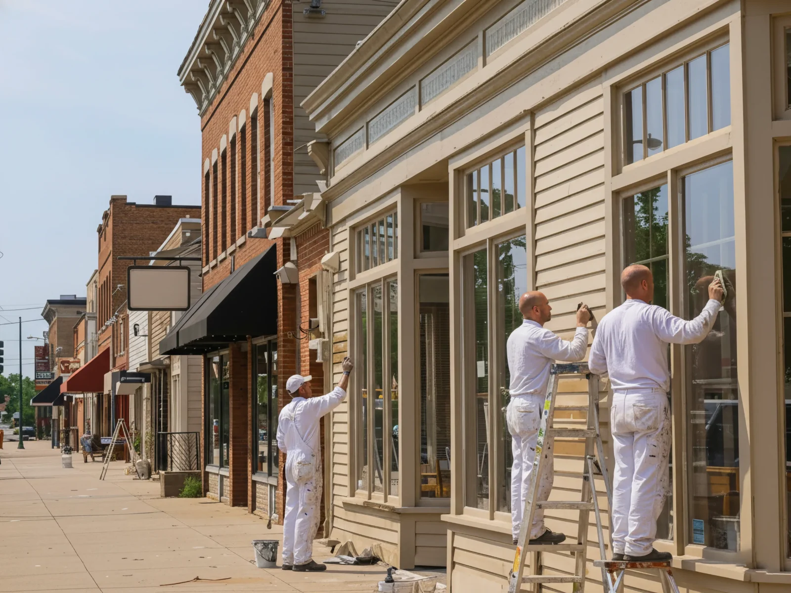 Three professional painters in white, paint-splattered uniforms work on ladders preparing the tan window trim of a downtown commercial building.
