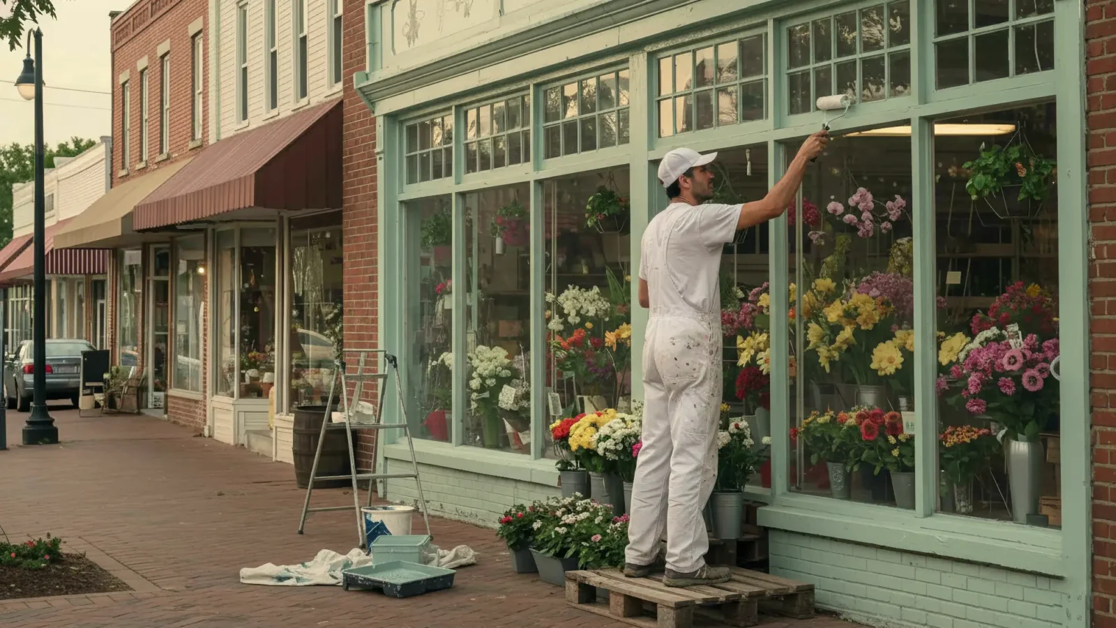 A professional painter in white coveralls stands on a pallet, painting the window trim of a flower shop packed with colorful fresh flowers.